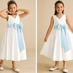 Azazie Darling Ivory A-Line Cotton Flower Girl Dress with Light Blue Bow Size 5